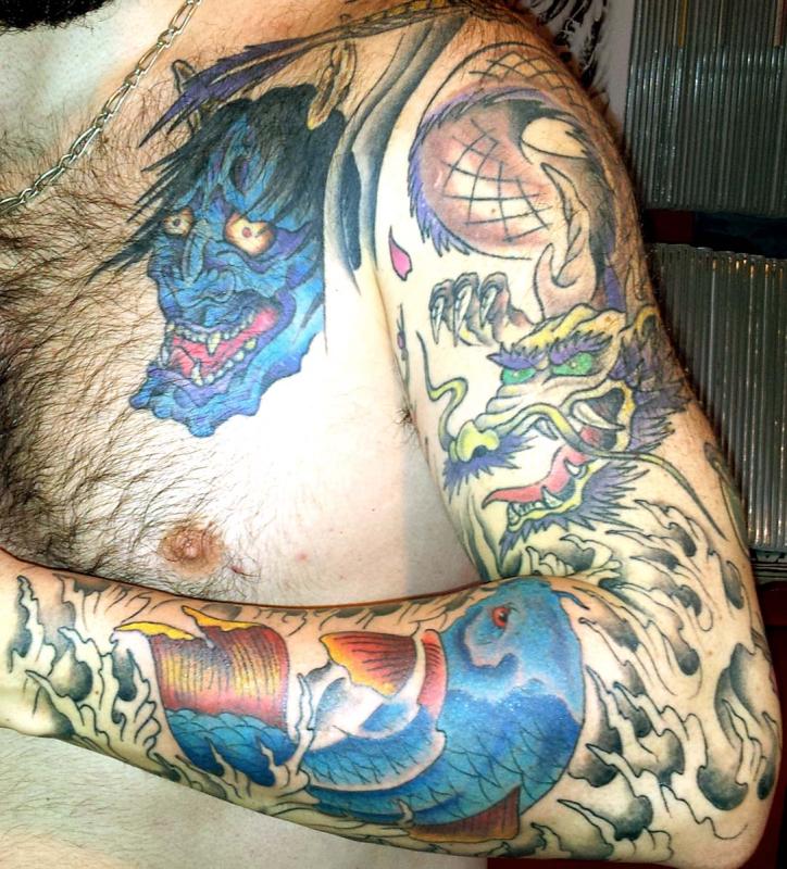 tattoo asiatique dragon et carpe couleur