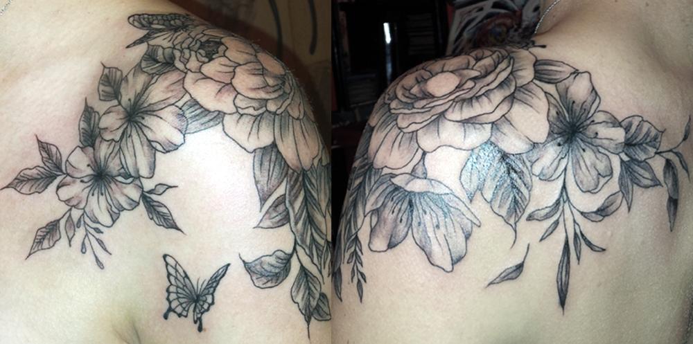 tattoo floral et papillons �paule